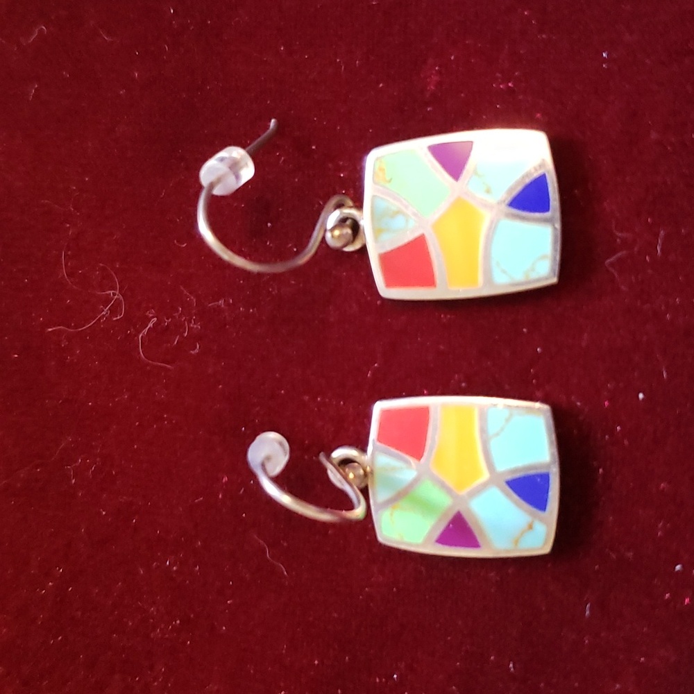 Vintage Inlaid Sterling Multi Stone Southwestern Handcrafted Artisan Earrings - Picture 4 of 11